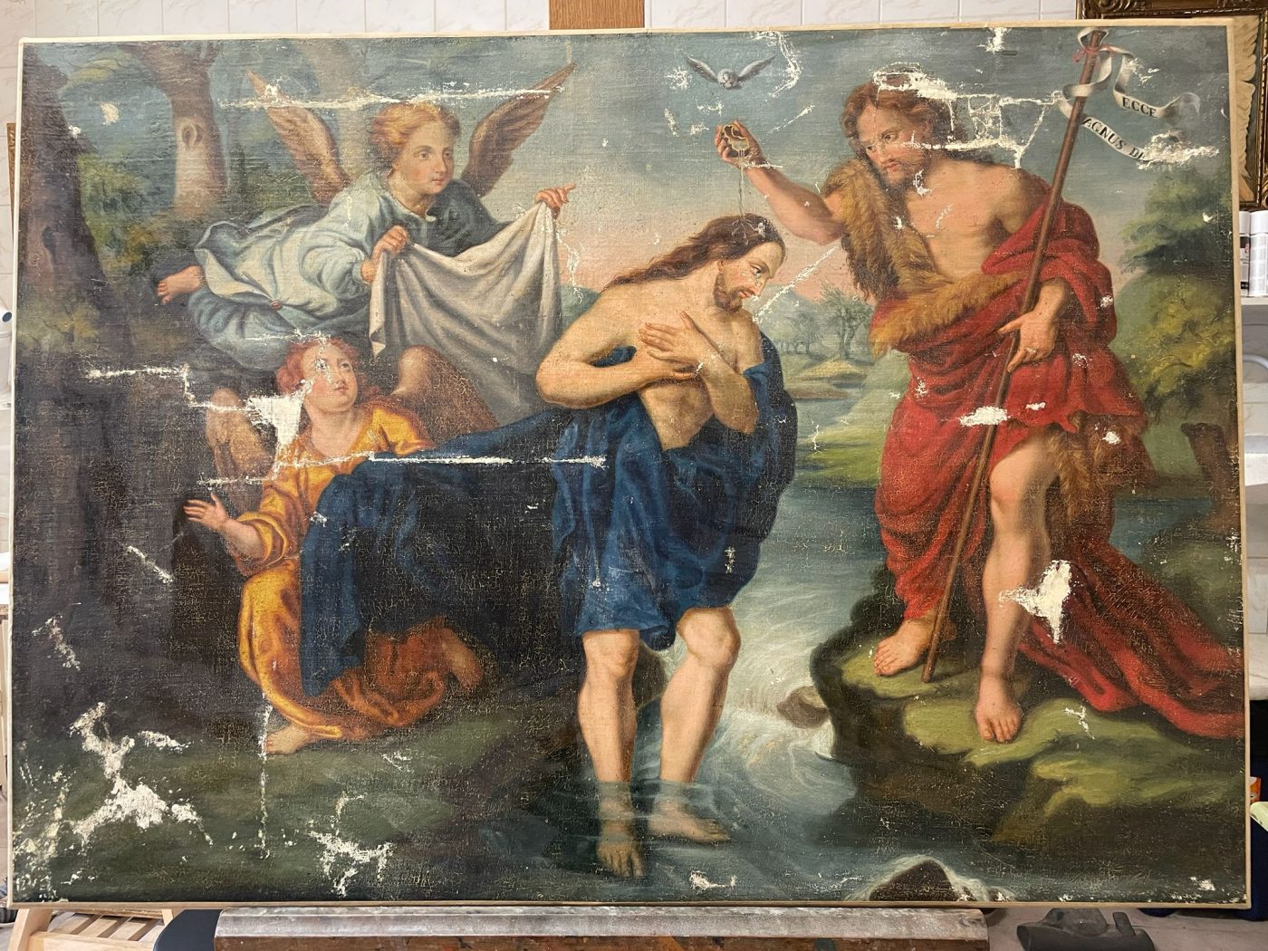 Restauration de tableaux — huile sur toile présentant des lacunes de couche picturale avant restauration